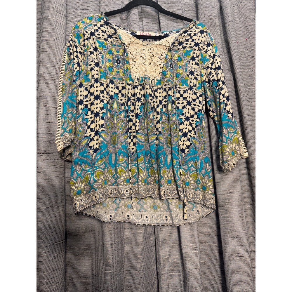 Willa Boho Blouse Floral Print Crochet‎ Trim 3/4 Sleeve Top Size L
